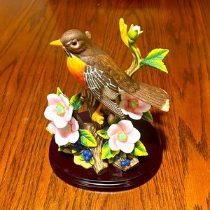 ANDREA’S BIRDS. ROBIN with WILD ROSES 🌹 Fine Hand Painted Porcelain Art 9743